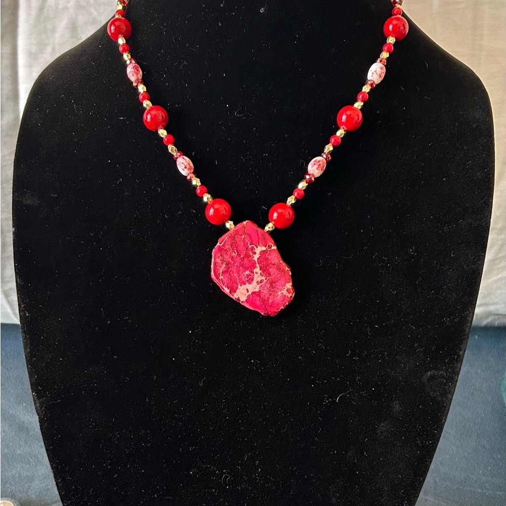 Striking Red Coral Pendant Necklace with Beaded Chain